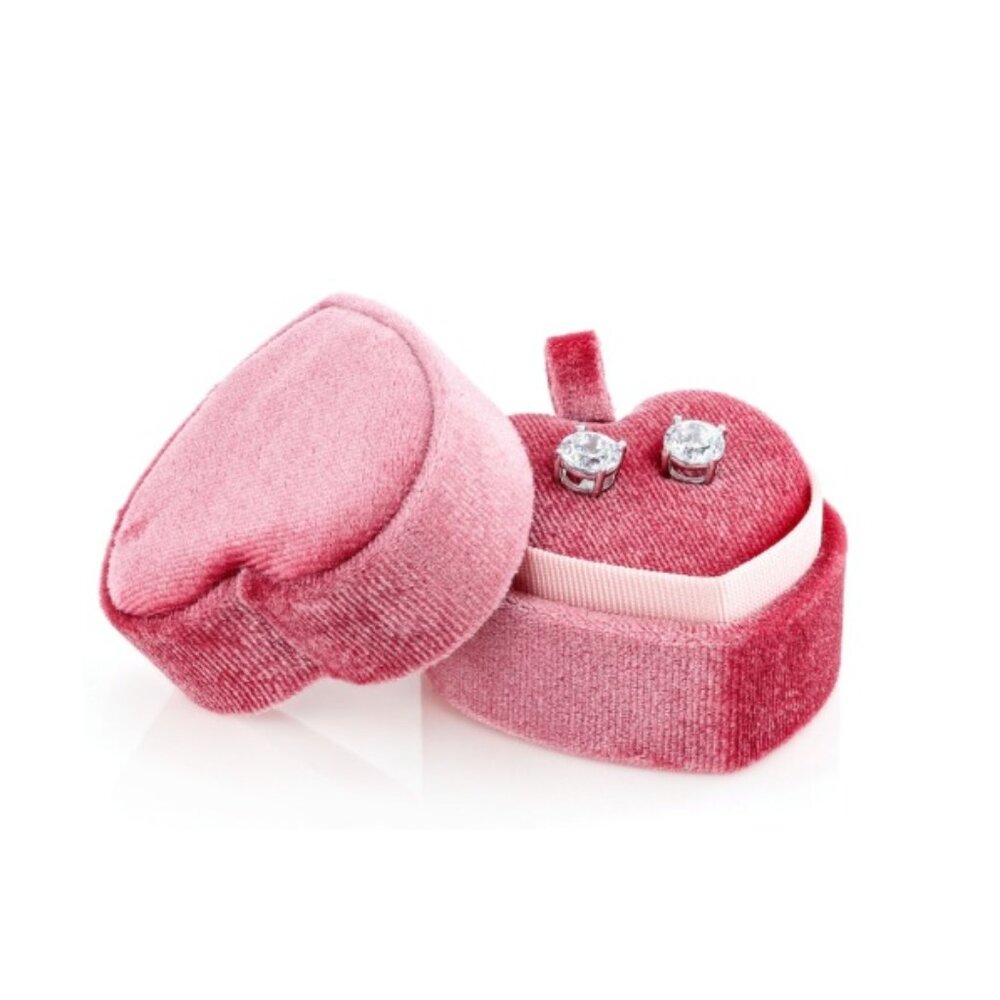 Cubic Zirconia Platinum or 18k Yellow Gold Over Silver Studs in Velvet Heart Box